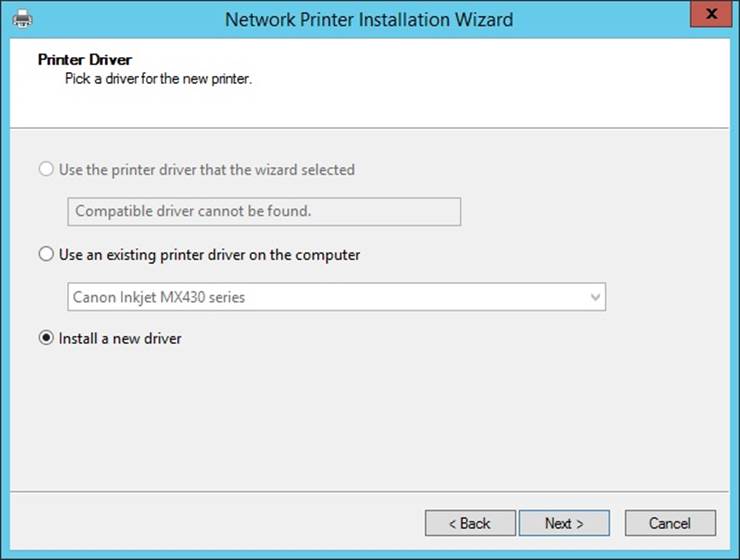 Select the driver to use for the printer or install a new driver.