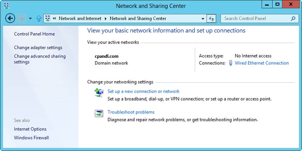 Screen shot of the Network And Sharing Center, showing access to configuring sharing, discovery, and networking options.