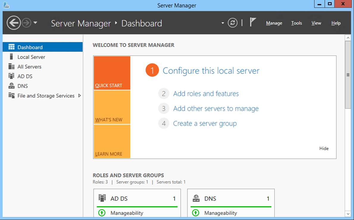 Screen shot of the Server Manager console, showing information relating to general administration on the dashboard.