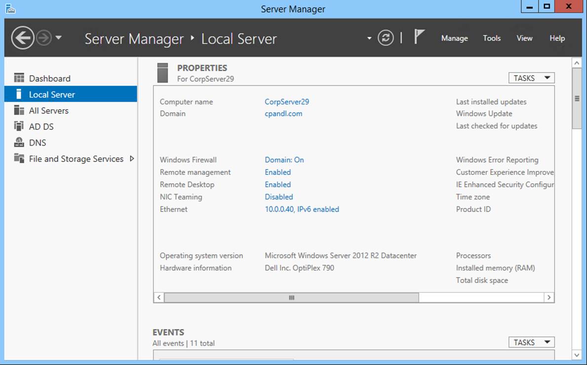 Screen shot of the Server Manager console with the Local Server node selected, showing the properties of the local server.