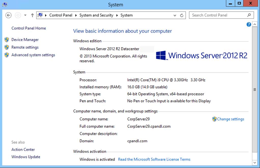 Screen shot of the System console, showing basic information about the computer, including the Windows edition, processor, installed RAM, system type, computer name, and domain. Also shown is the activation status of the operating system.