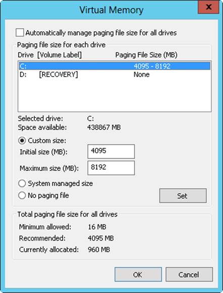 Screen shot of the Virtual Memory dialog box, showing that the computer‘s virtual memory is set to a custom size with the paging file on Drive C. The initial paging file size is 4095 MB, and the maximum size is 8192 MB.