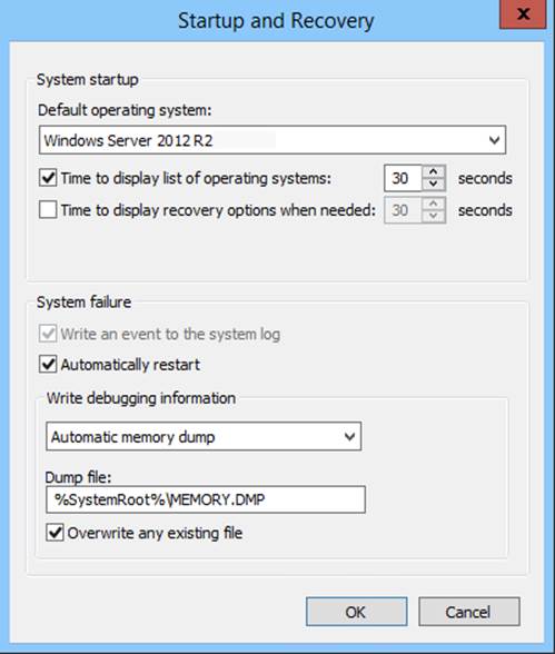 Screen shot of the Startup And Recovery dialog box, showing that the system restart options are set to use Windows Server 2012 R2 as the default operating system and that the list of operating systems will be displayed for 30 seconds when the system starts. Additionally, when the system stops responding, the computer will automatically restart and write debugging information to an automatic memory dump.