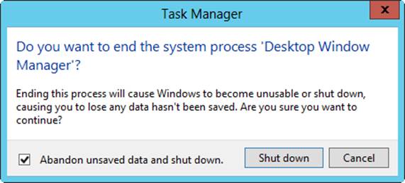 Screen shot of a dialog box that is displayed when an essential Windows service is selected to be stopped in Task Manager. It states that ending the selected process will cause Windows to be unusable or shut down.