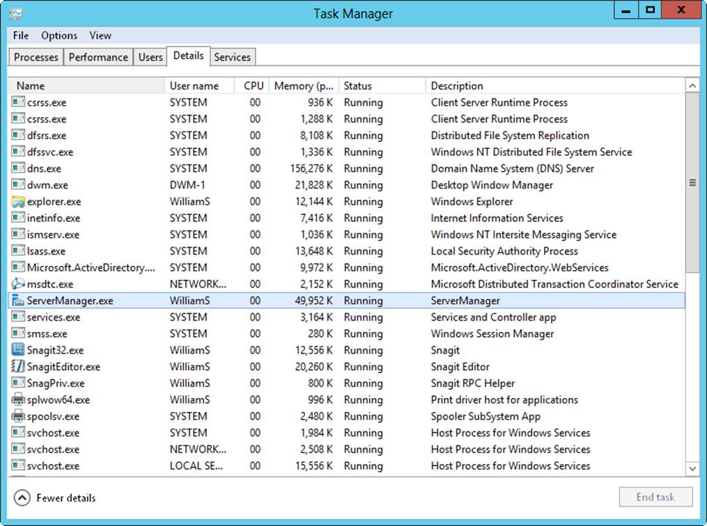 Screen shot of the Details tab in Task Manager, showing detailed information about currently running processes.