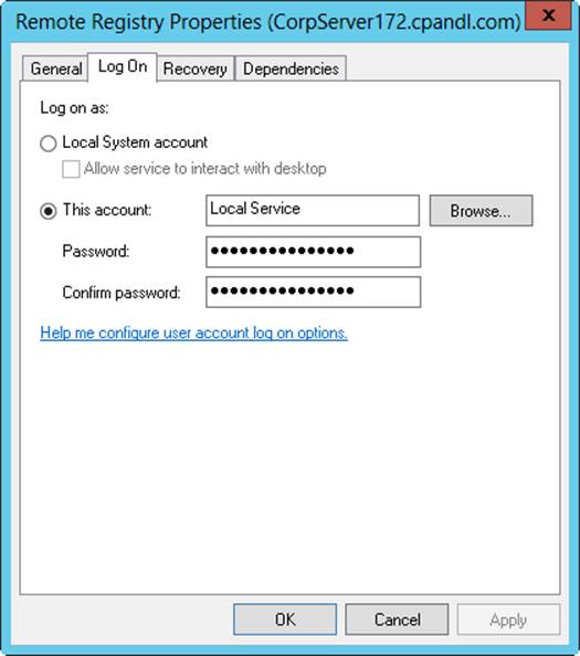 Screen shot of the Log On tab of a service‘s Properties dialog box, showing configuration for the service logon account.