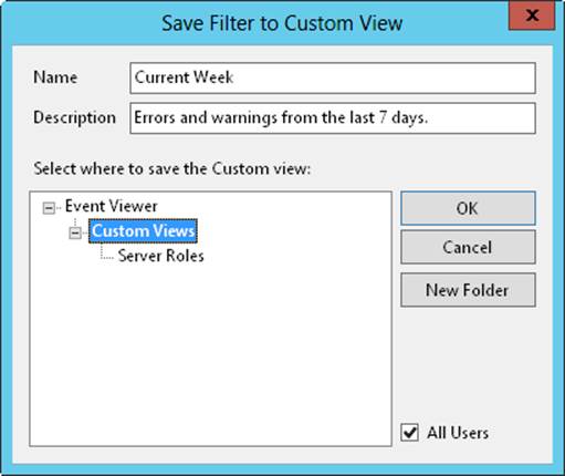 Screen shot of the Save Filter To Custom View dialog box, showing options to configure the name, description, and location of the saved filter.