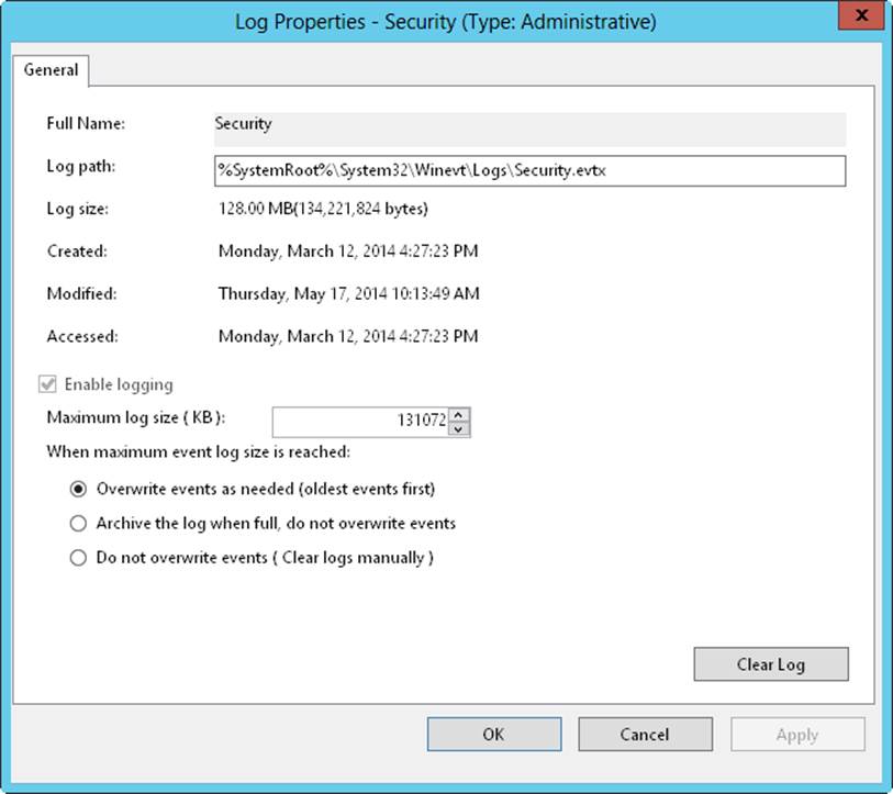 Screen shot of the Log Properties dialog box, showing log settings based on the level of auditing on the system.