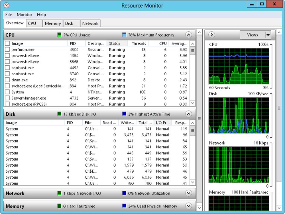 Screen shot of the Resource Monitor, showing resource usage on the server.