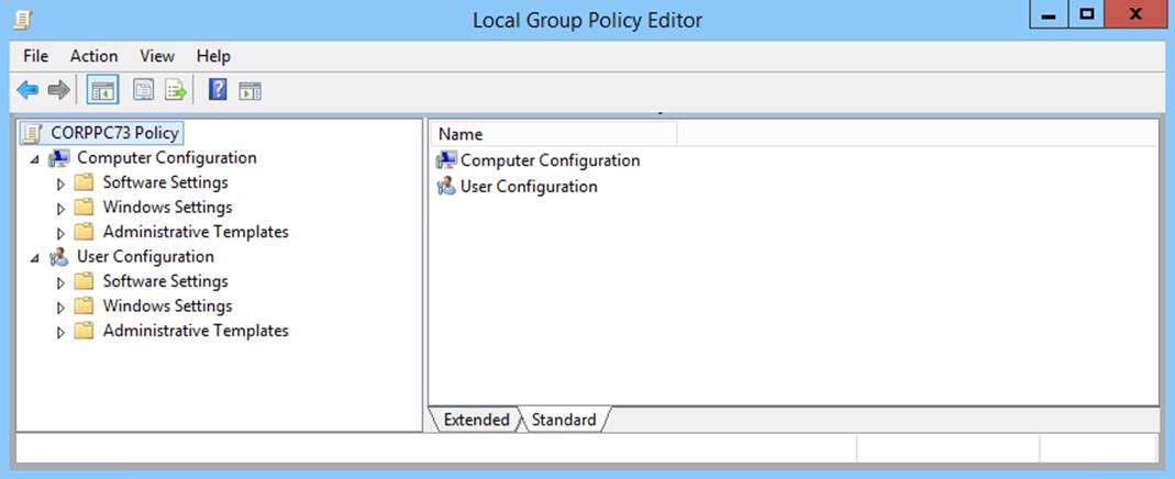 Screen shot of the Local Group Policy Editor, showing the user is connected to CorpPC73.