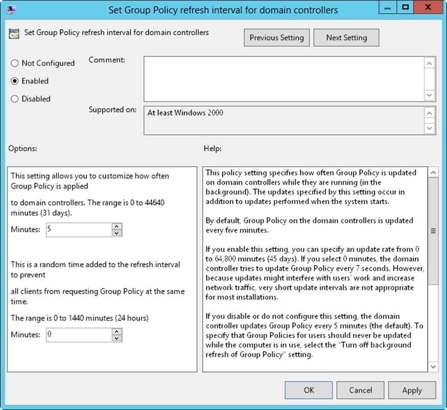 Screen shot of the Set Group Policy Refresh Interval For Domain Controllers dialog box, with the policy set to enabled, and the refresh interval set to the default value of 5 minutes.