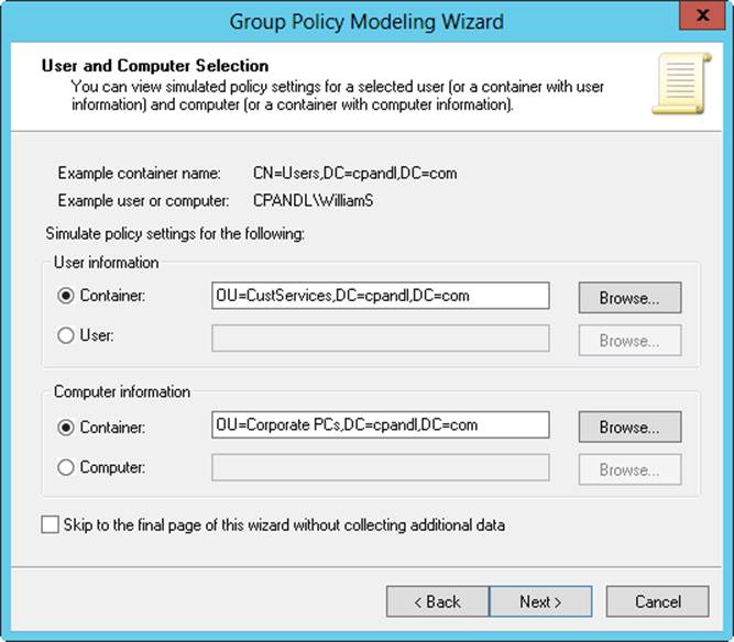 Screen shot of the User And Computer Selection page, where you can specify a container or account to use in the simulation.