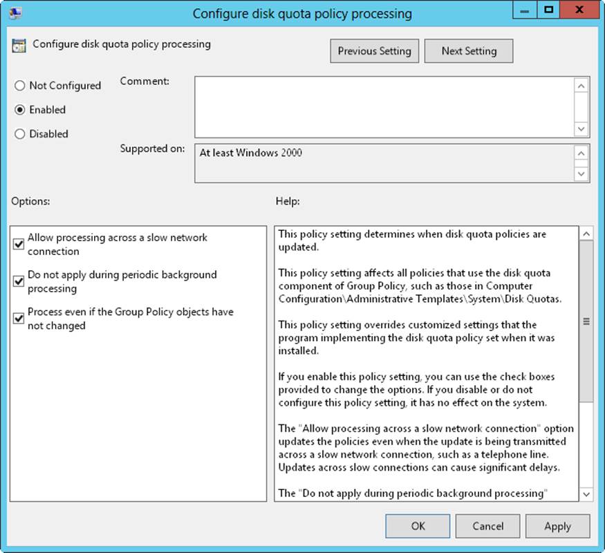 Screen shot of the Configure Disk Quota Policy Processing dialog box, with the policy set to Enabled.