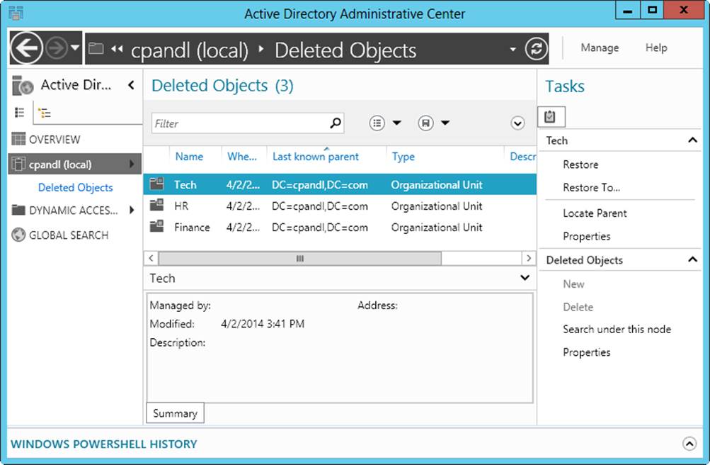 Screen shot of the Active Directory Administrative Center, showing objects that have been deleted, and whose deleted object lifetime has not expired, in the Deleted Objects container.