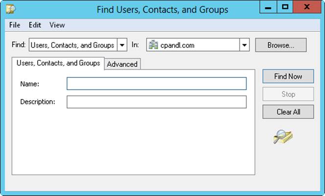 Screen shot of the Find Users, Contacts, And Groups dialog box, where you can search for resources in Active Directory.
