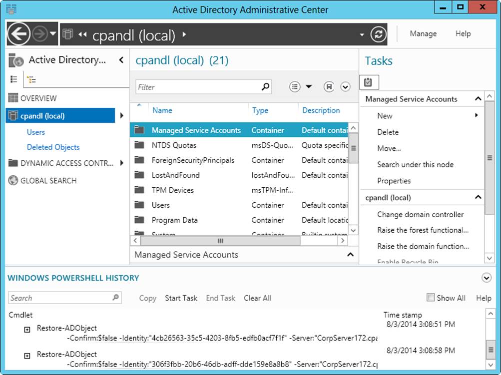 Screen shot of Active Directory Administrative Center, where you can perform administrative task-oriented management of Active Directory.