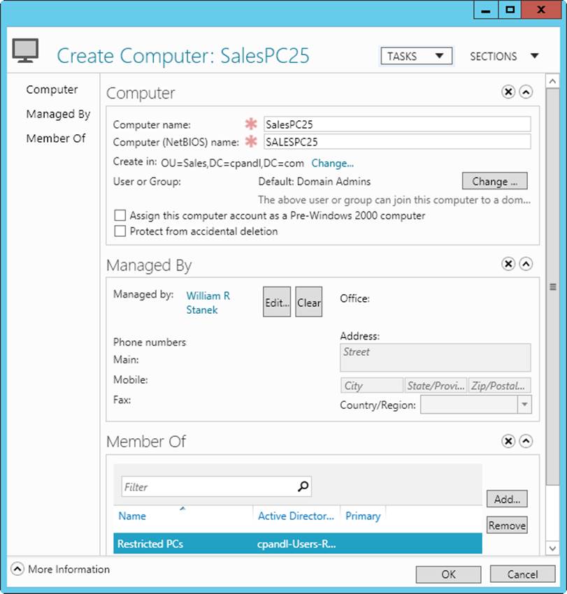 Screen shot of the Create Computer dialog box, where you can create new computer accounts, and set properties for Managed By and Member Of.