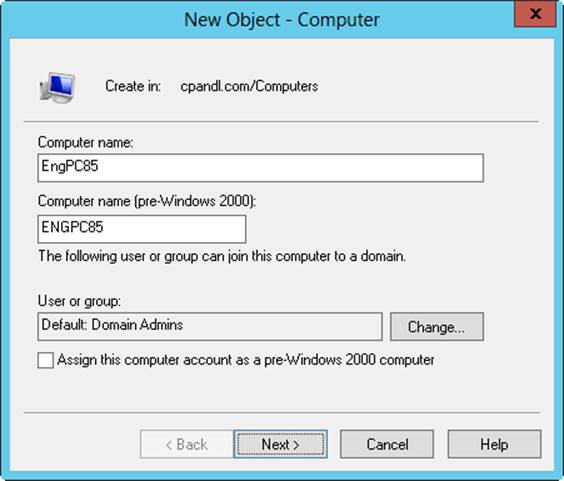 Screen shot of the New Object - Computer, where you can create a new computer account.