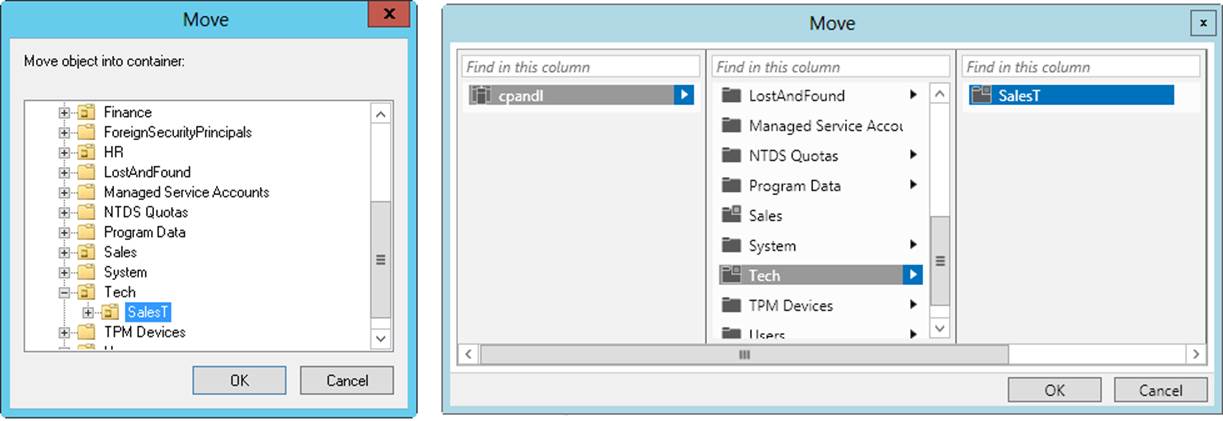 Two screen shots of the Move dialog box, where you can move computer accounts to different containers. On the left is the Move dialog box in Active Directory Users And Computers, and on the right is the dialog box in Active Directory Administrative Center.