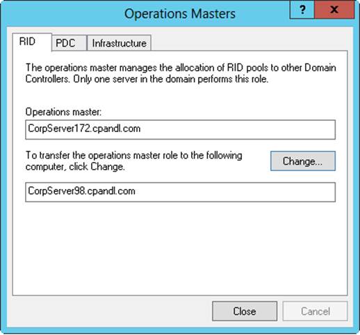 Screen shot of the Operation Masters dialog box, where you can transfer operations masters to new locations, or view their current locations.