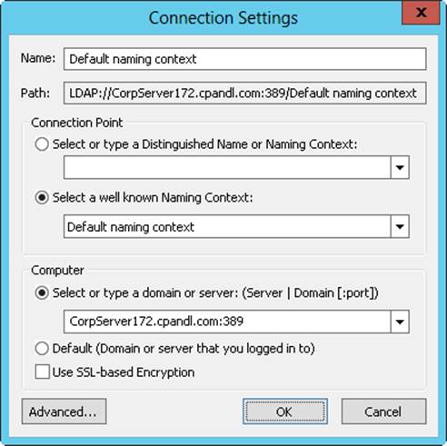 Screen shot of the Connection Settings dialog box, where you connect to a naming context in ADSI Edit.