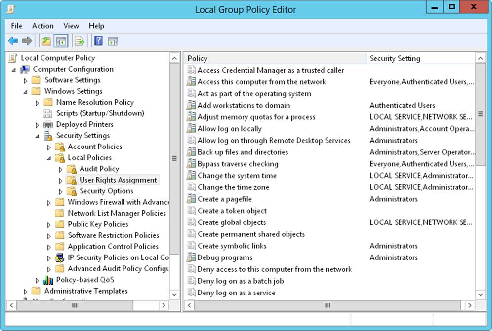 Screen shot of the Local Group Policy Editor, showing built-in capabilities used with groups under the User Rights Assignment subfolder.