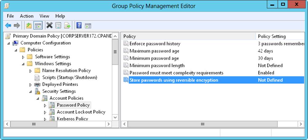 Screen shot of Password Policy in Group Policy Management Editor, showing the policy name and the policy setting.