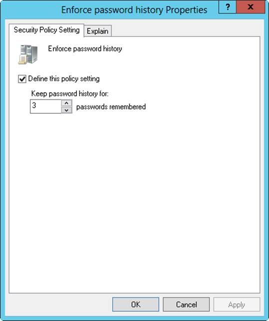 Screen shot of the Enforce Password History Properties dialog box, showing the Define This Policy Setting check box selected, and the policy set to Keep Password History For: 3 Passwords Remembered.