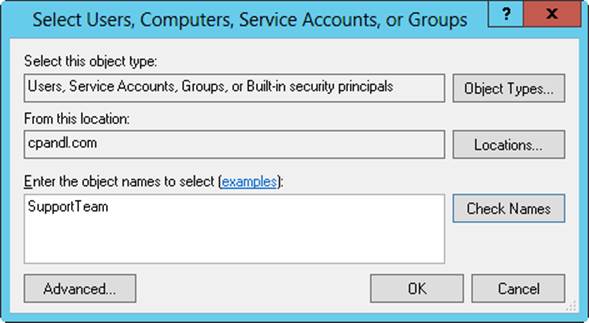 Screen shot of the Select Users, Computers, Service Accounts, or Groups dialog box, where you can apply the user right to users and groups.