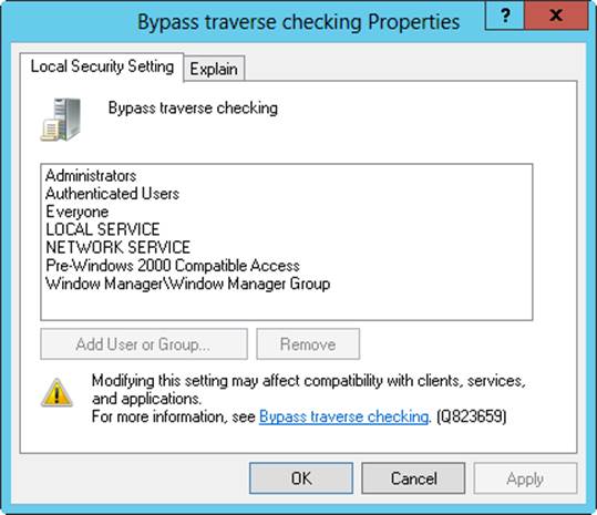 Screen shot of the Bypass Traverse Checking Properties dialog box, showing users or groups that have the selected user right on the Local Security Setting tab.