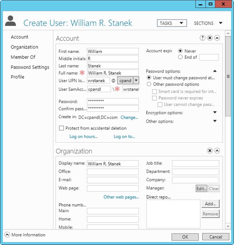 Screen shot of the Create User dialog box, where you can set logon and organization details for the user in Active Directory Administrative Center.