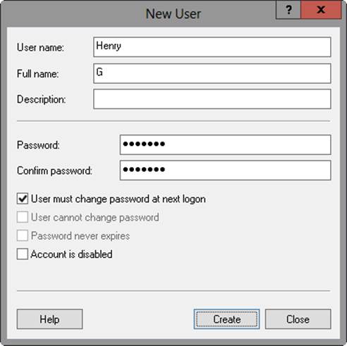 Screen shot of the New User dialog box, where you configure logon details for a local account.