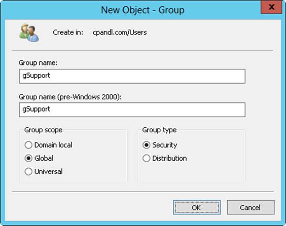 Screen shot of the New Object - Group dialog box, showing creation of a new global group by having the Group Scope set to Global. Enter a name for the group. Global group account names follow the same naming rules as display names for user accounts. They aren‘t case sensitive and can be up to 64 characters.