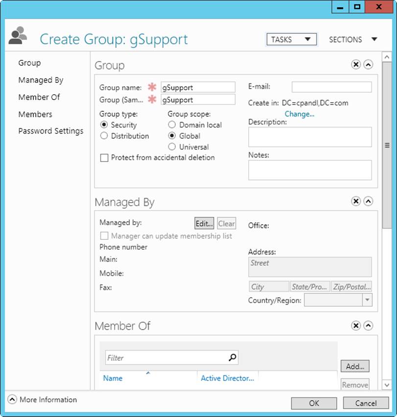 Screen shot of the Create Group dialog box, where you can create a new group in Active Directory Administrative Center.