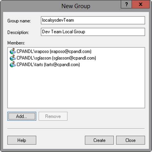Screen shot of the New Group dialog box, where you can use the Add option to add a new local group to a computer.