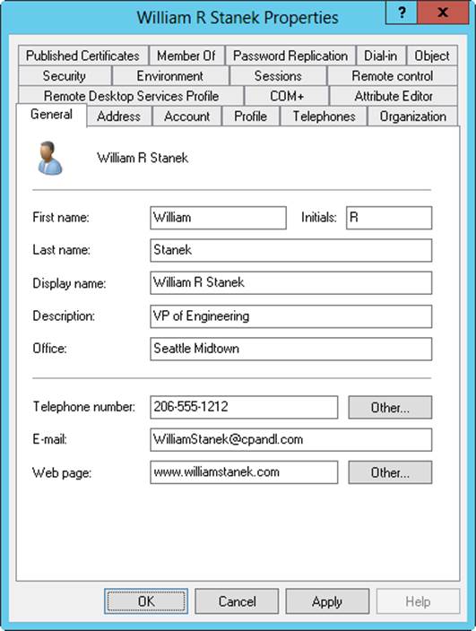 Screen shot of the Properties dialog box for a user in Active Directory Users and Computers, where you can configure general contact information for the user on the General tab.