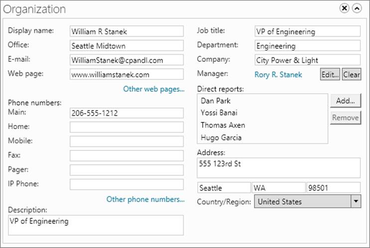 Screen shot of the Organization panel, showing general address, telephone, and organization details.