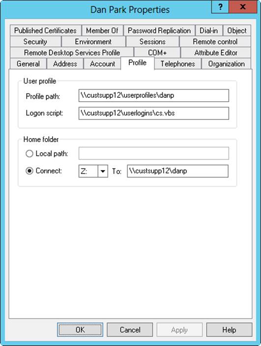 Screen shot of the Properties dialog box for a user, showing the Profile tab, where you can create a user profile and configure the network environment for the selected user.