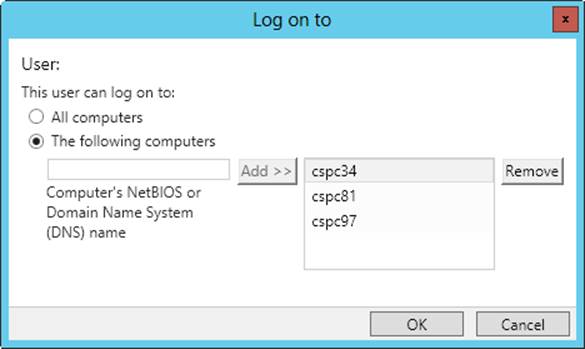 Screen shot of the Log On To dialog box, where you can restrict access to workstations by specifying the permitted logon workstations.