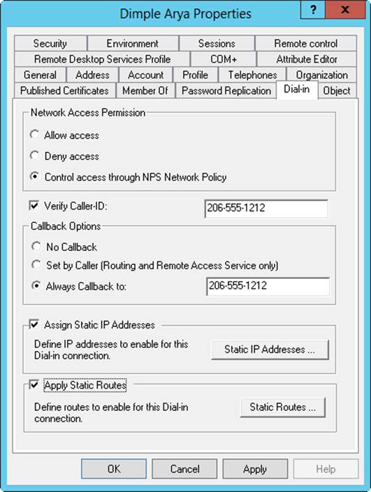 Screen shot of the Dial-In tab in the Properties dialog box for a selected user, where you can control remote access to the network by changing dial-in privileges.