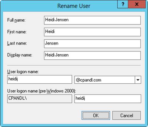 Screen shot of the Rename User dialog box, where you can change the Full Name, First Name, Last Name, Display Name, User Logon Name, and User Logon Name (pre-Windows 2000).