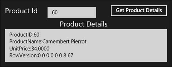 Testing the GetProduct method of the C#/XAML client