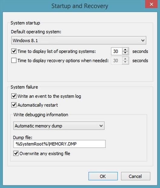 A screen shot of the Startup And Recovery dialog box, where you can change system startup options.