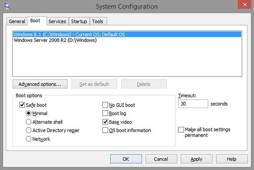 A screen shot of the System Configuration utility, where you can configure boot options and other troubleshooting settings.