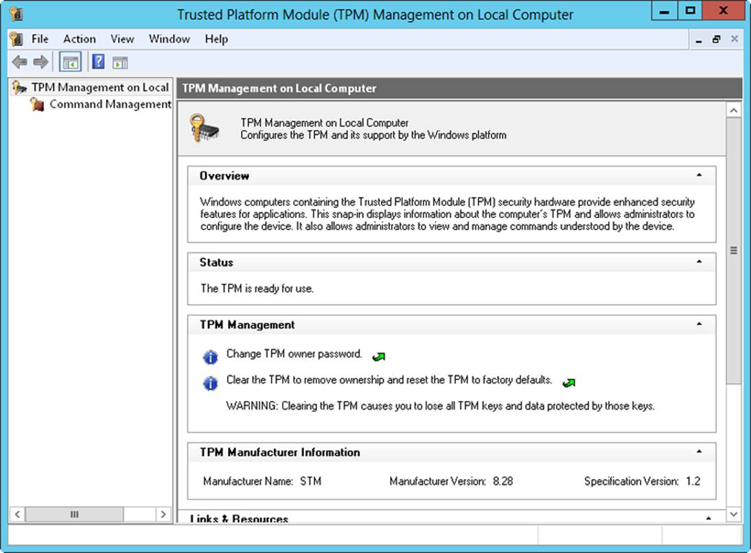 A screen shot of the Trusted Platform Module Management console, where you initialize and manage TPM.