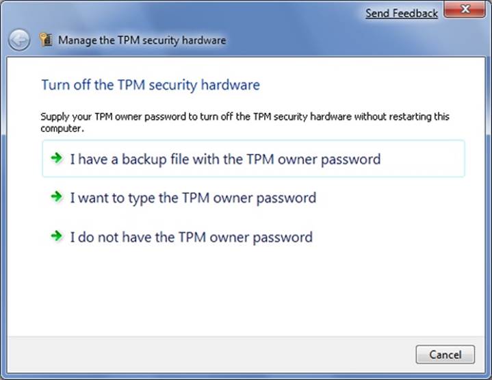 A screen shot of a dialog box that will prompt you for the TPM owner password if the Configure The Level Of TPM Owner Authorization Information Available To The Operating System is set to Delegated or None.