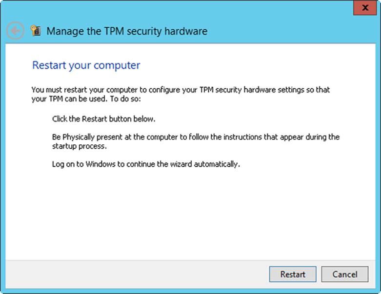A screen shot of the Restart Your Computer page, where you will be prompted to tap or click the Restart button to initialize the TPM hardware in firmware.