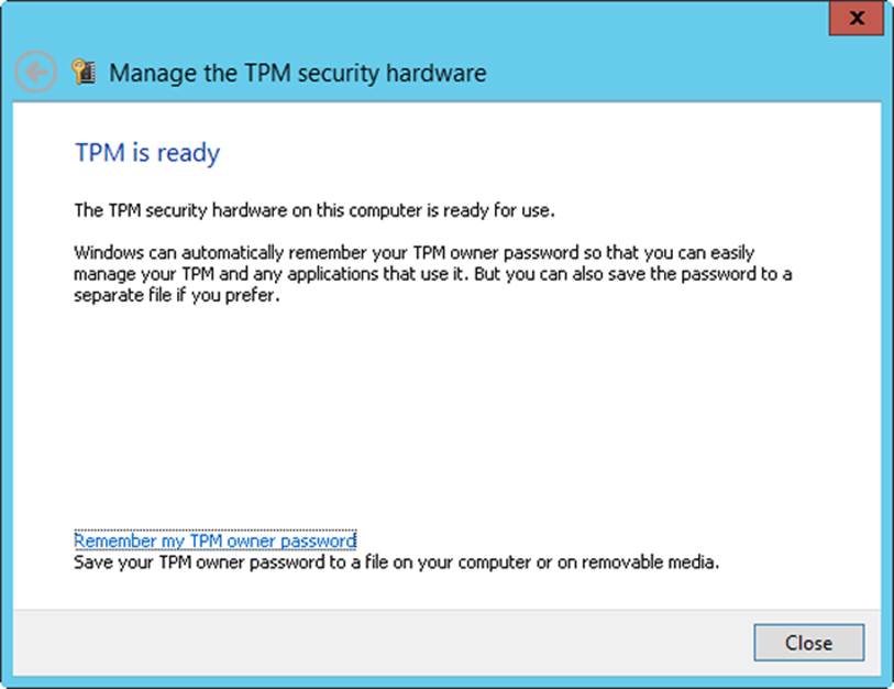 A screen shot of the TPM Is Ready page, displaying a message that TPM is ready for use, and giving you the option to save your TPM Owner Password on removable media.