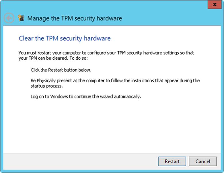 A screen shot of the Clear The TPM Security Hardware page, where you will receive a prompt to tap or click Restart to confirm that you want to clear the TPM.