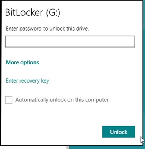 A screen shot of the BitLocker dialog box, where you can unlock the drive by entering the password or by using the recovery key if you have forgotten the password.